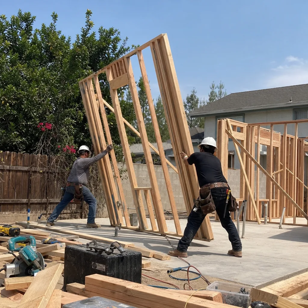 Two professional construction workers installing a wooden wall frame for an ADU.