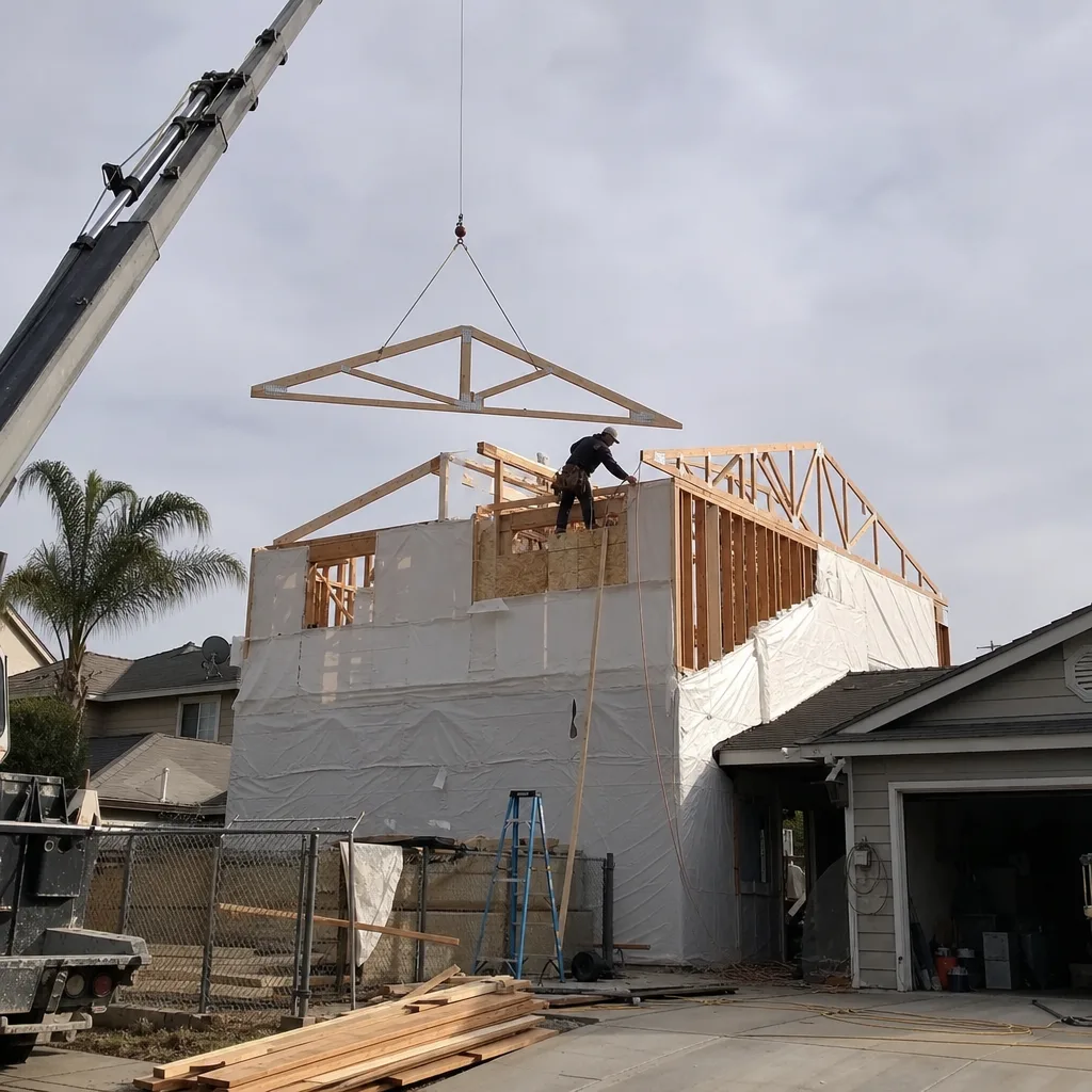 Contractor installing roof trusses on a new home addition using a crane