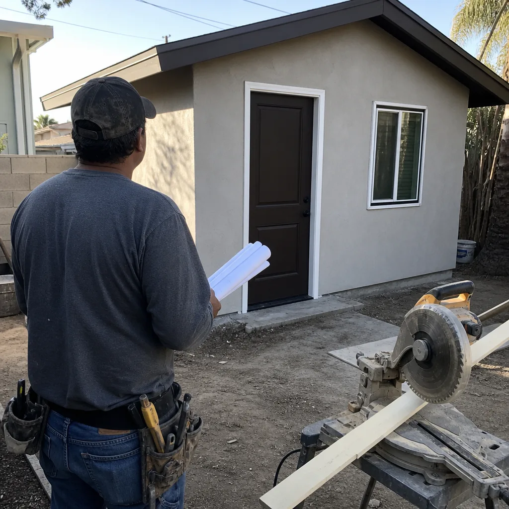 Contractor reviewing blueprints for a new accessory dwelling unit construction project