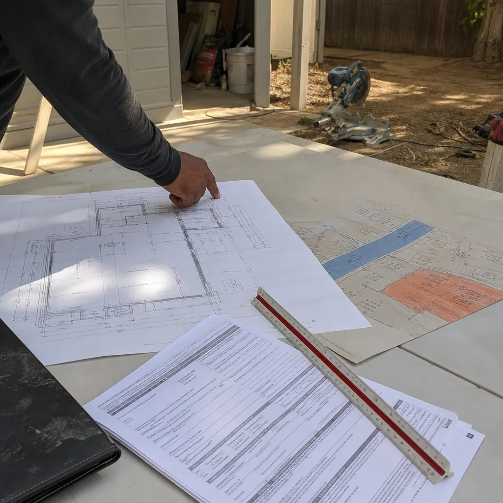 Contractor reviewing ADU architectural floor plans for a room addition project