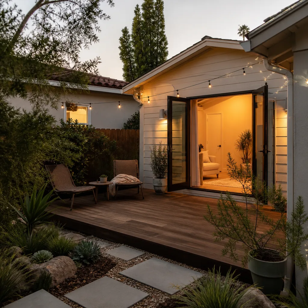A small deck outside a new ADU