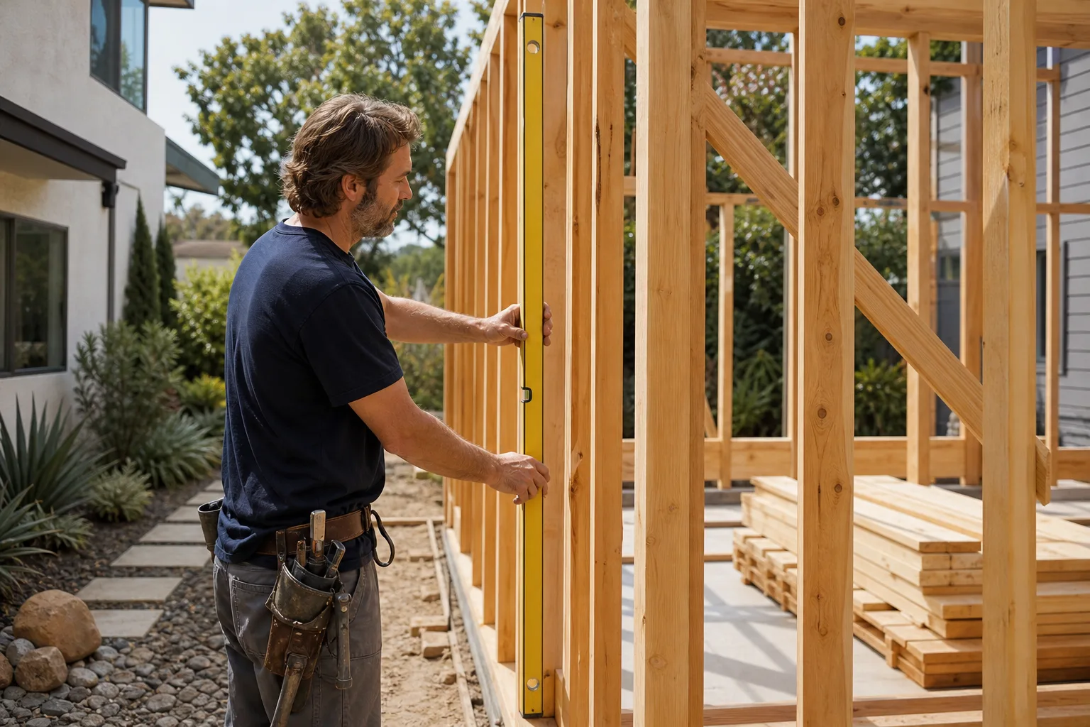 A framer checking new wall framing on a home addition