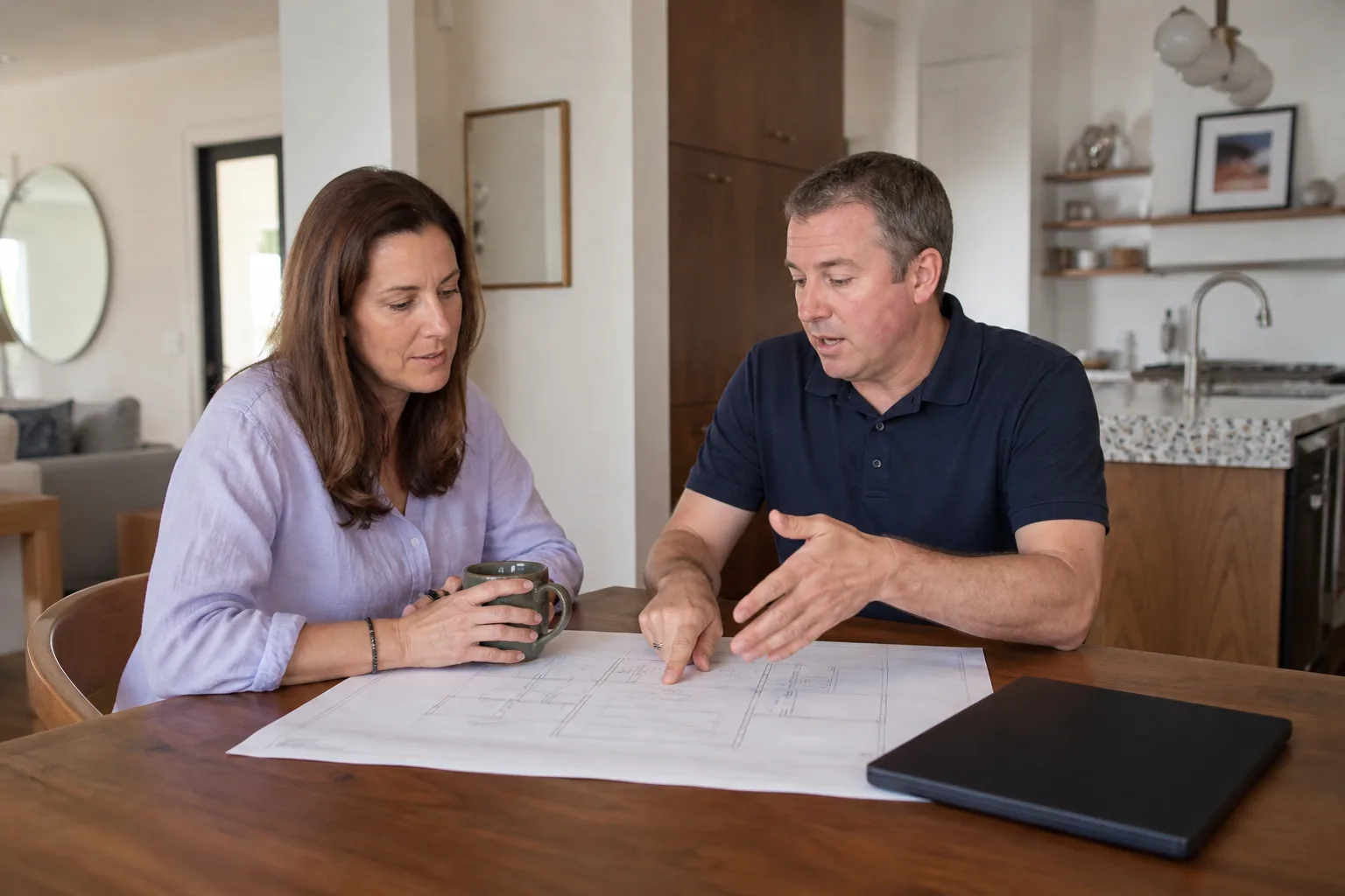 A project lead going over permit drawings with a homeowner