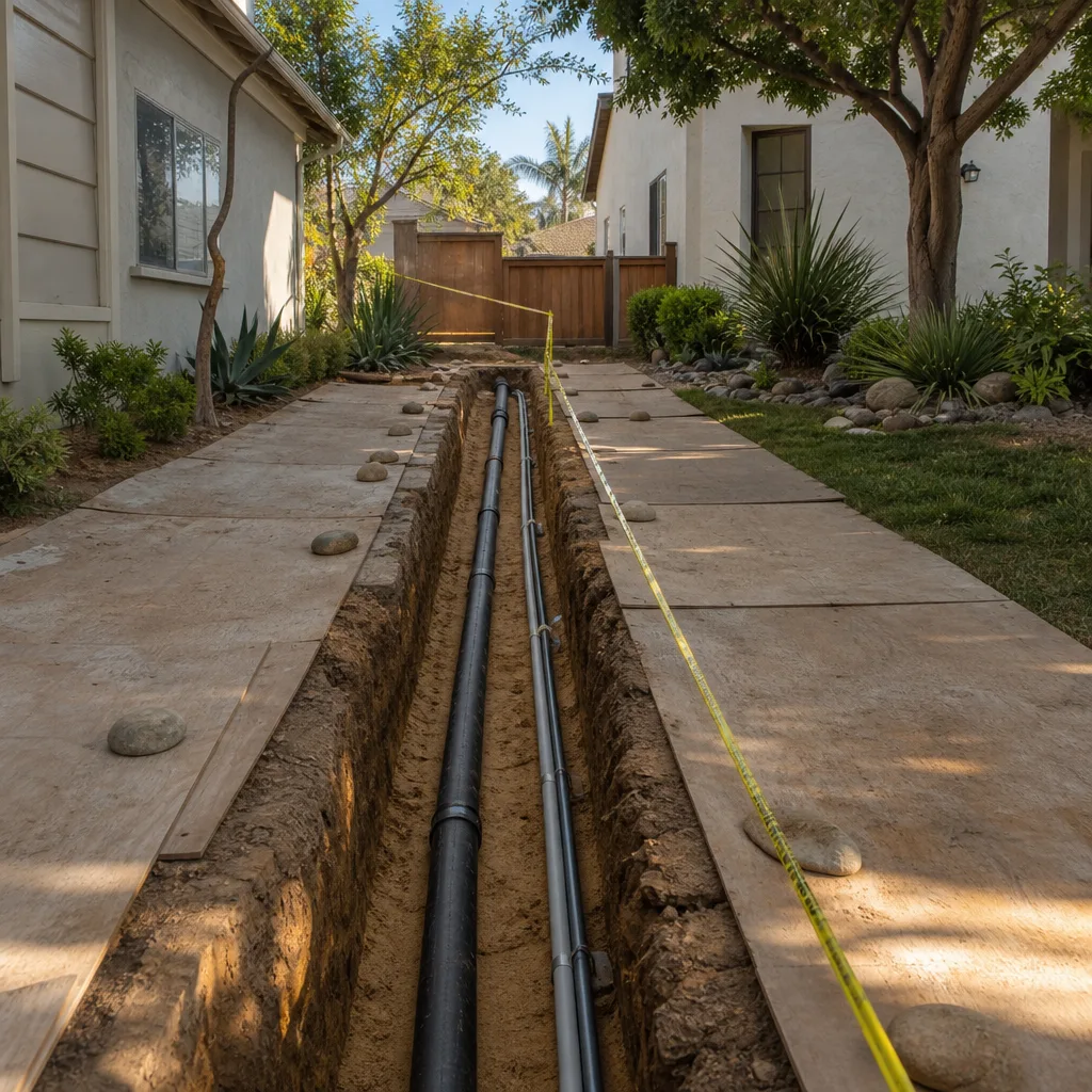 A utility trench with new sewer pipe and conduit